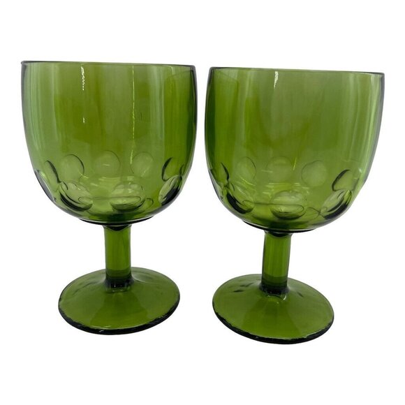 Set Of 4 Green Coin Dot Bartlett Collins Goblets Footed Thumbprint Pedestal Glas - Picture 7 of 13